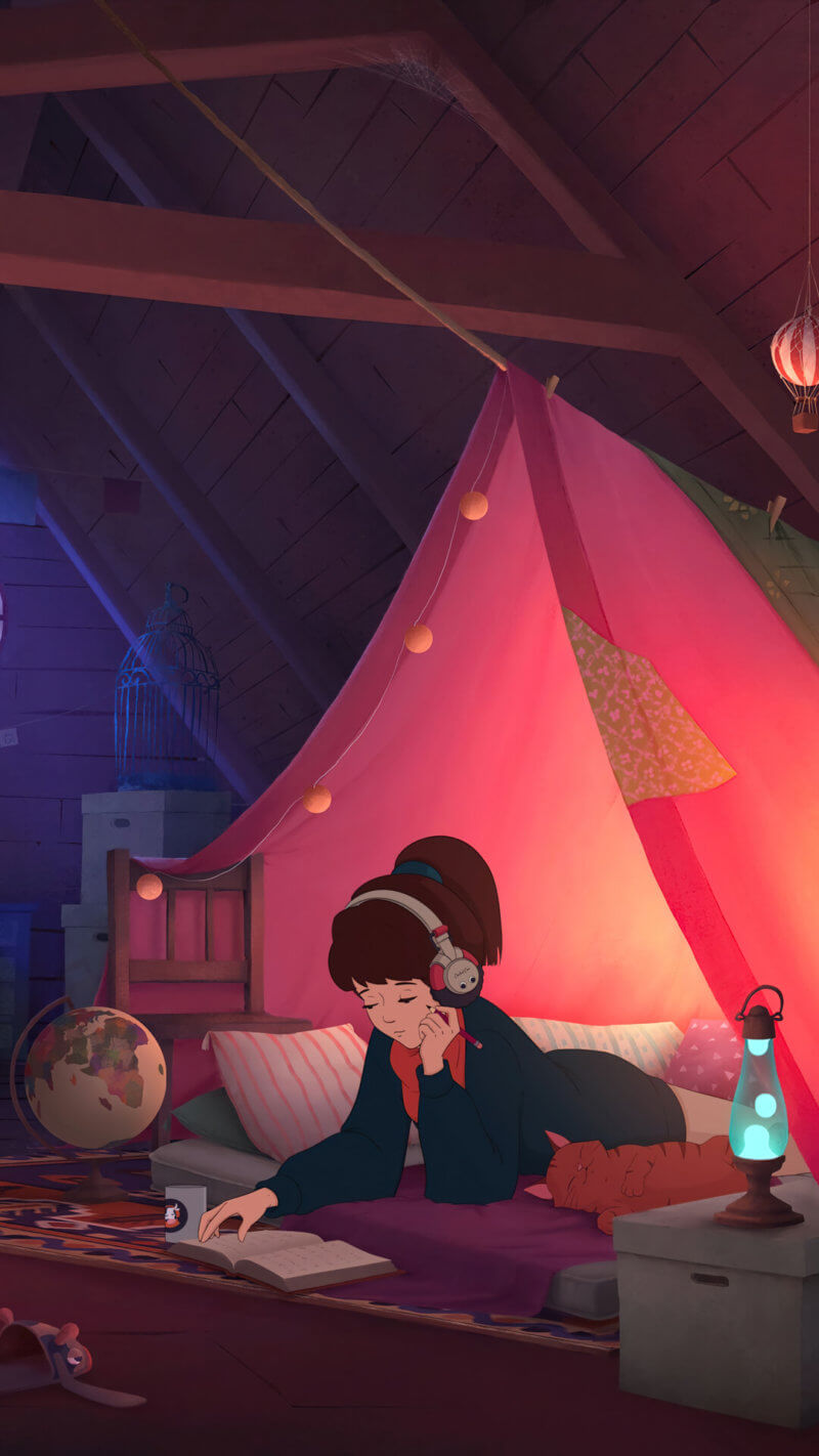 This lofi girl illustration speaks to me in how I read a book with a pencil in hand to highlight, my cat by my side and some cozy lighting.