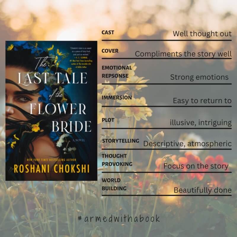 the last tale of the flower bride reading experience: World building - Beautifully done
Plot - illusive, intriguing
Cast - Well thought out
Storytelling - Descriptive, atmospheric
Immersion - Easy to return to
Emotional response - Strong emotions
Thought provoking - Focus on the story
Cover - Compliments the story well
