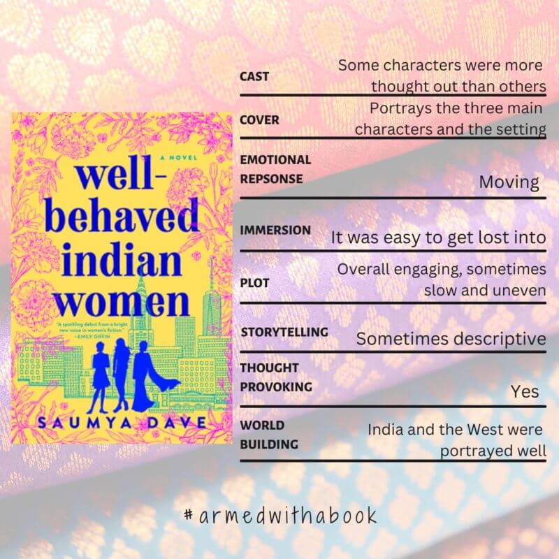 World building - India and the West were portrayed well
Plot - Overall engaging, sometimes slow and uneven
Cast - Some characters were more thought out than others
Storytelling - Sometimes descriptive
Immersion - It was easy to get lost into
Emotional response - Moving
Thought provoking - Yes
Cover - Portrays the three main characters and the setting

