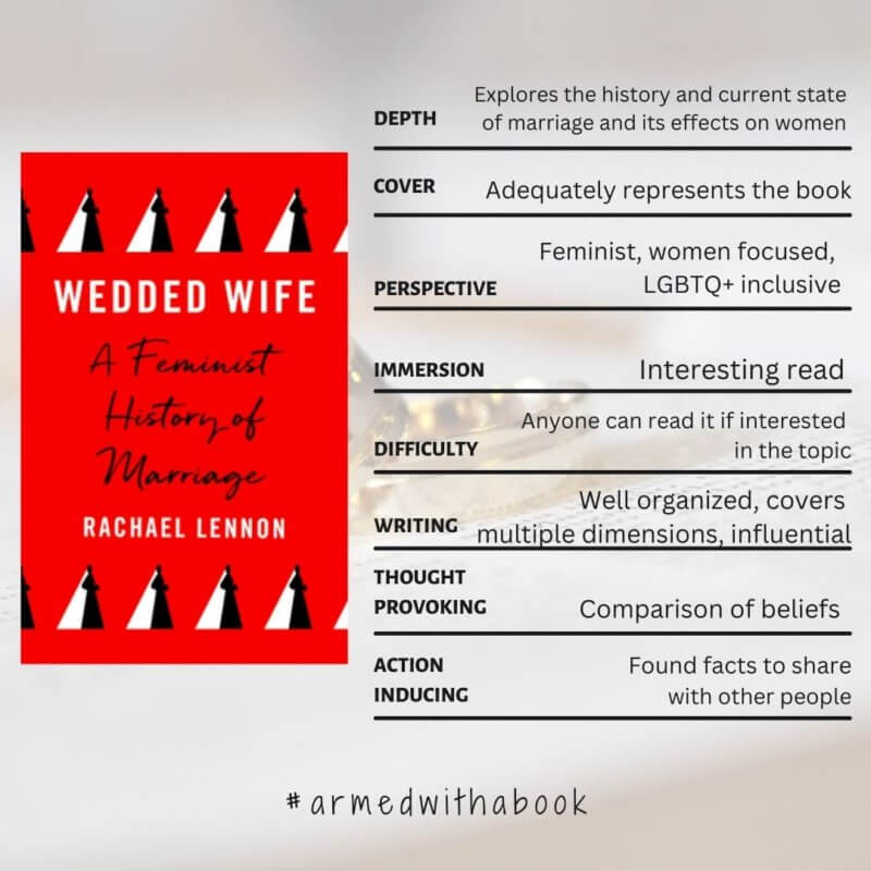 Reading Experience for Wedded Wife
Depth - Explores the history and current state of marriage and its effects on women 
Cover - Adequately represents the book
Perspective - Feminist, women focused, LGBTQ+ inclusive
Immersion - Interesting read 
Difficulty - Anyone can read it if interested in the topic
Writing - Well organized, covers multiple dimensions
Thought provoking - Comparison of beliefs 
Action inducing - Found facts to share with other people
 