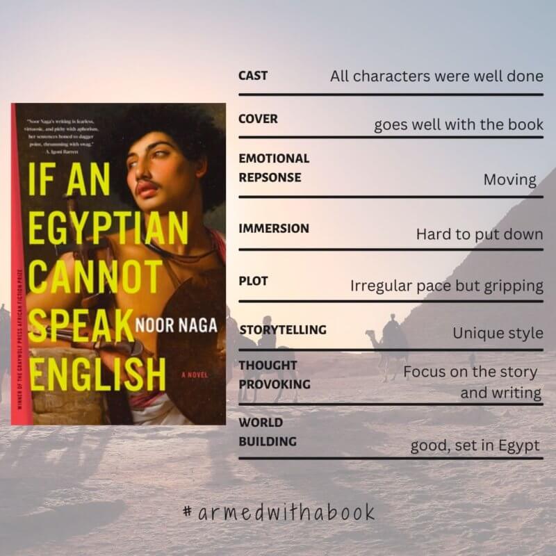 Reading Experience for If an Egyptian cannot speak English
World building - Good
Plot - Irregular pace but gripping
Cast - Well done
Storytelling - Unique style
Immersion - Hard to put down
Emotional response - Moving
Thought provoking - Focus on the story and writing
Cover - Goes well with the book
