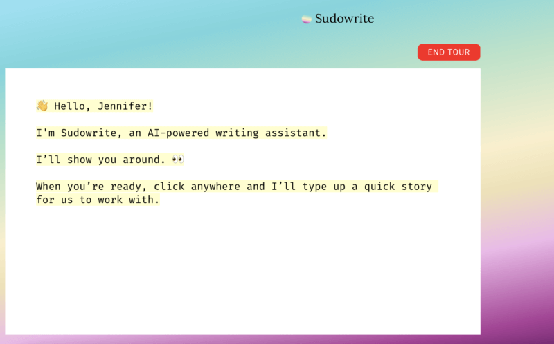 Sudowrite’s welcome screen from when Jennifer first signed up in 2021. - Sudowrite is an Artificial Intelligence powered writing assistant.