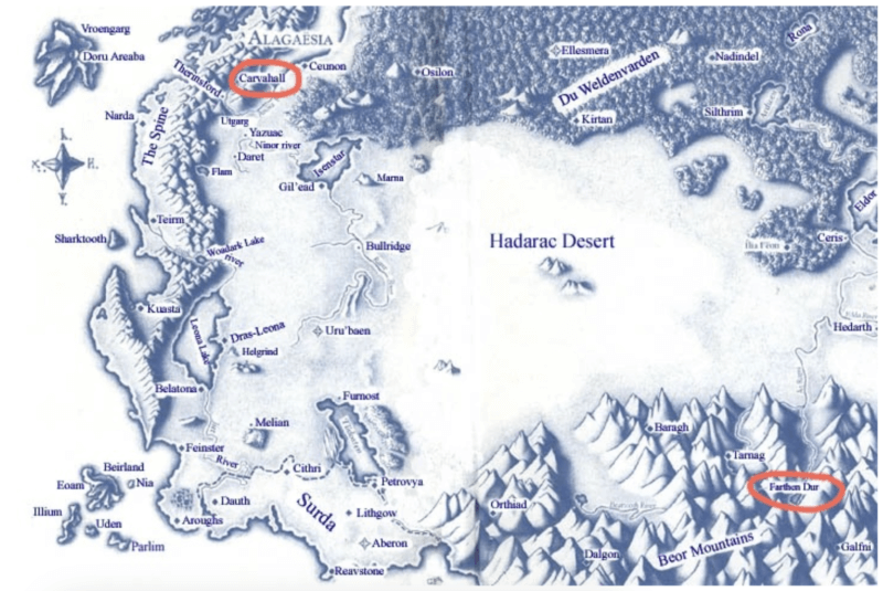 Map of Alagaësia; Carvahall is where the journey in Eragon begins. Farthen Dûr. is where it ends.